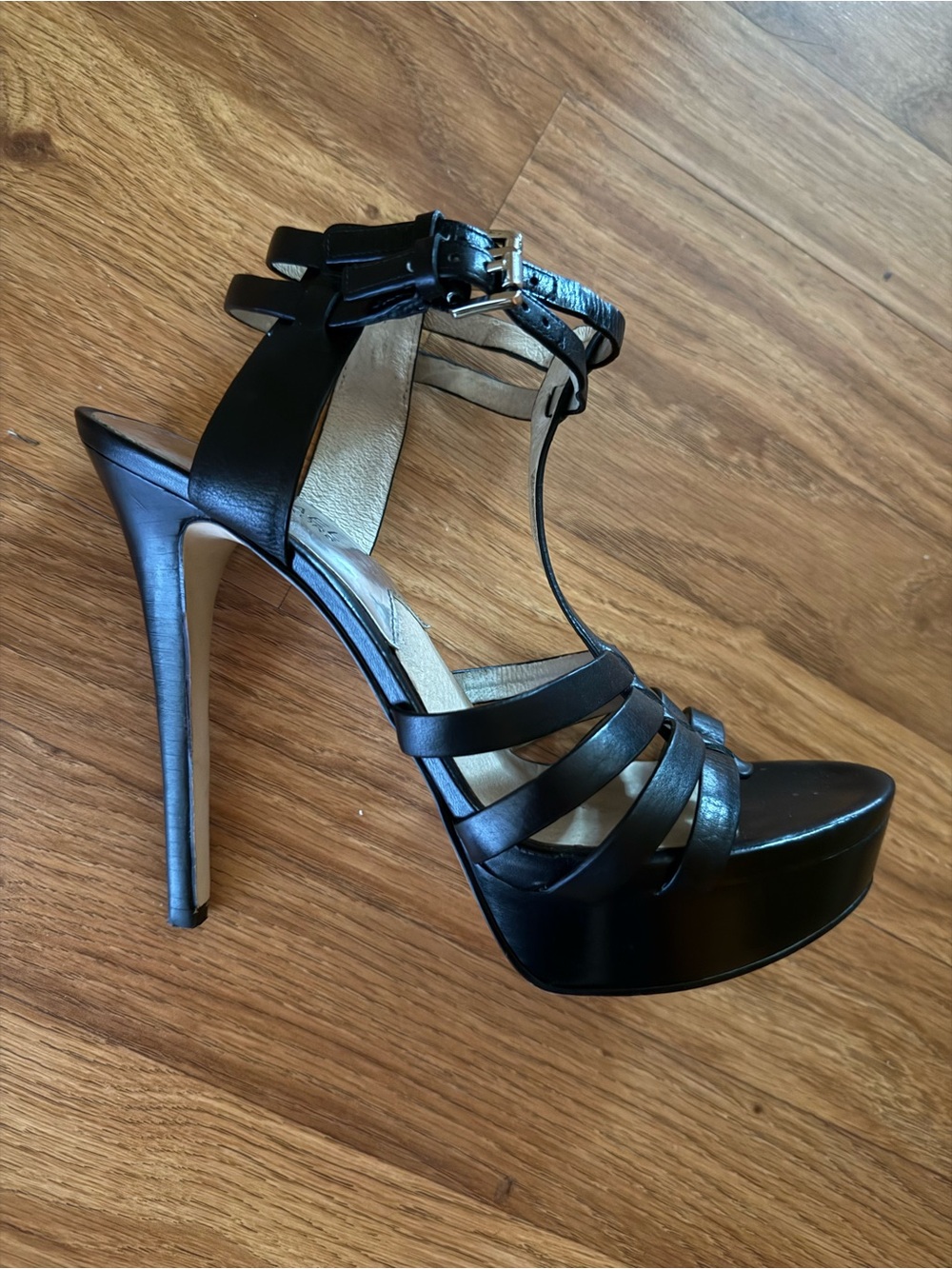 Michael Kors - Women's Y2K Black Leather Strappy High Heel Platform Sandals - Picture 9 of 9